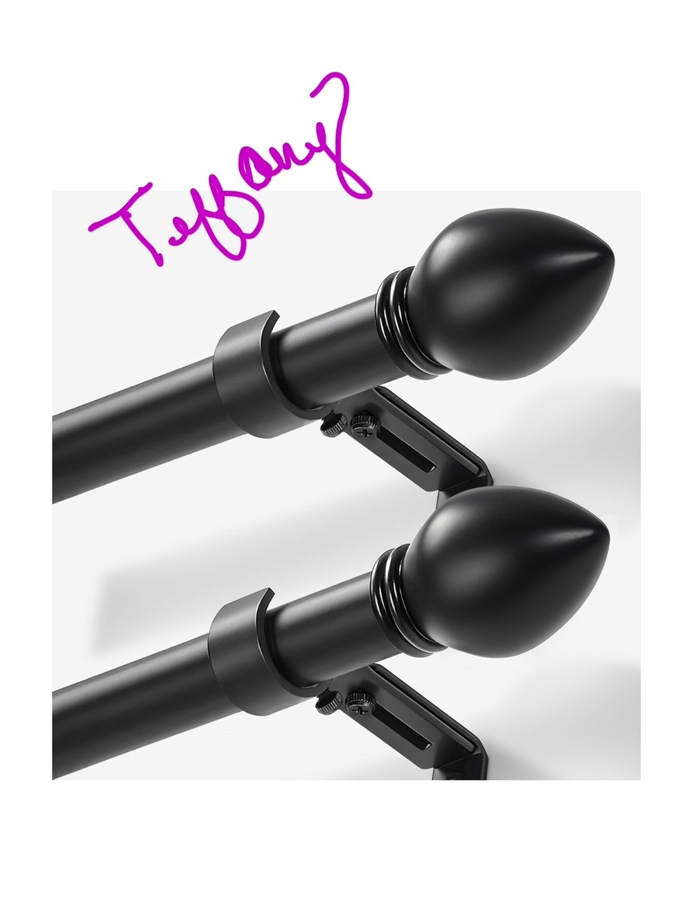 2 Black Curtain Rod Set with Decorative Finials and Mounting Brackets